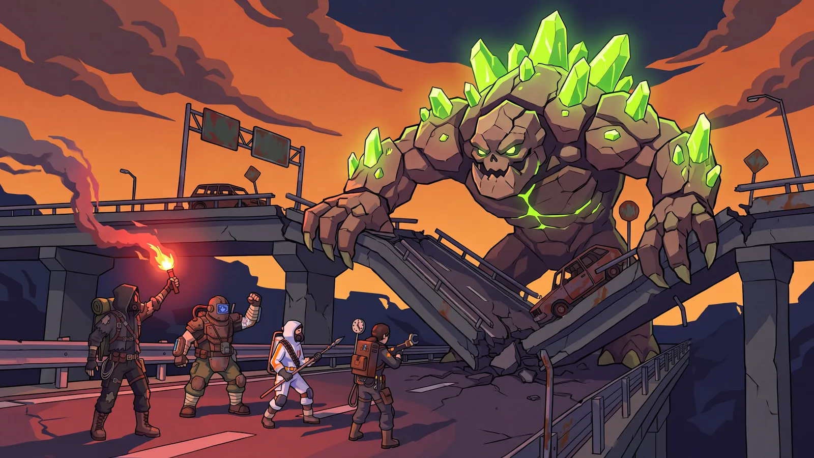 Key art: a huge rock mutant climbs over a collapsed overpass as the crew opens fire.