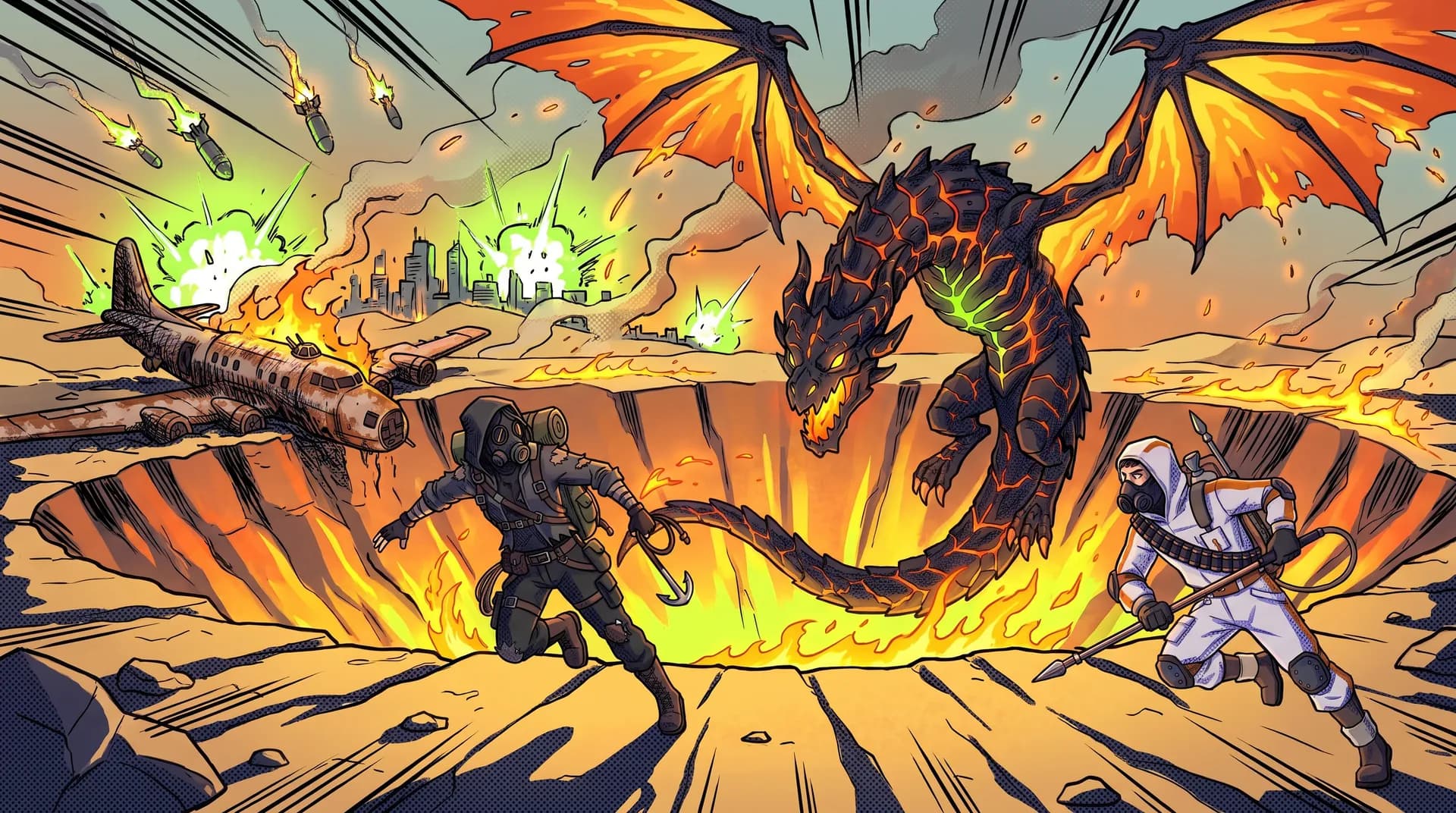 Manga panel: bombs burst green over the city while a fire wyrm rides a burning bomber down into a glowing crater.
