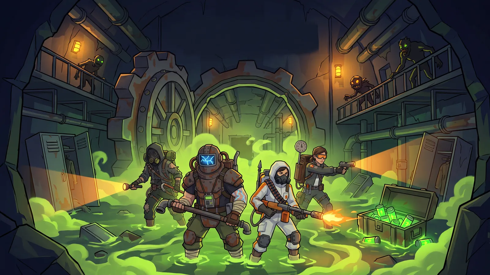 Key art: the crew fights through a vault flooded with green glow.