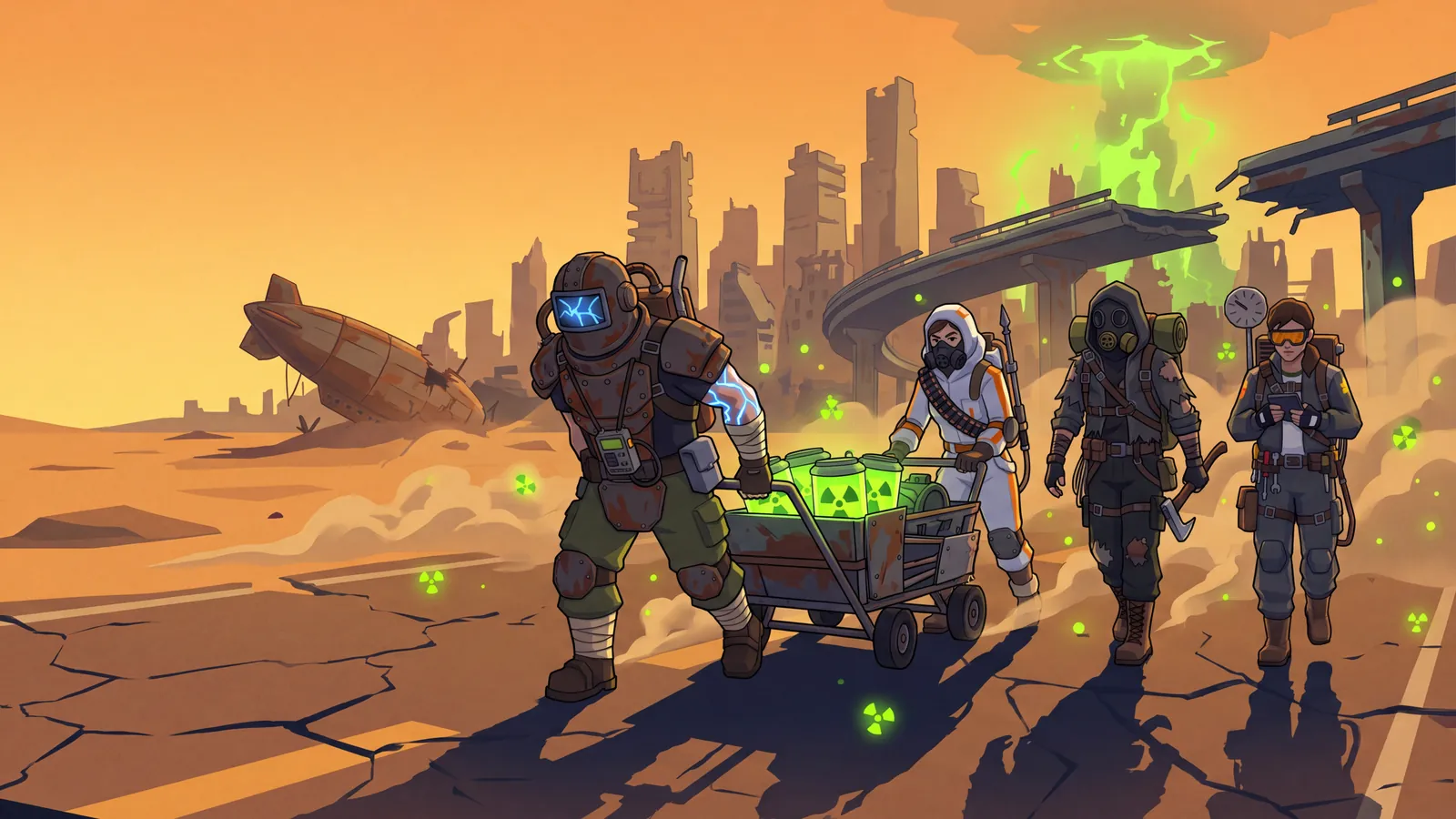 Illustration: the crew hauls a glowing dose canister across the wastes.