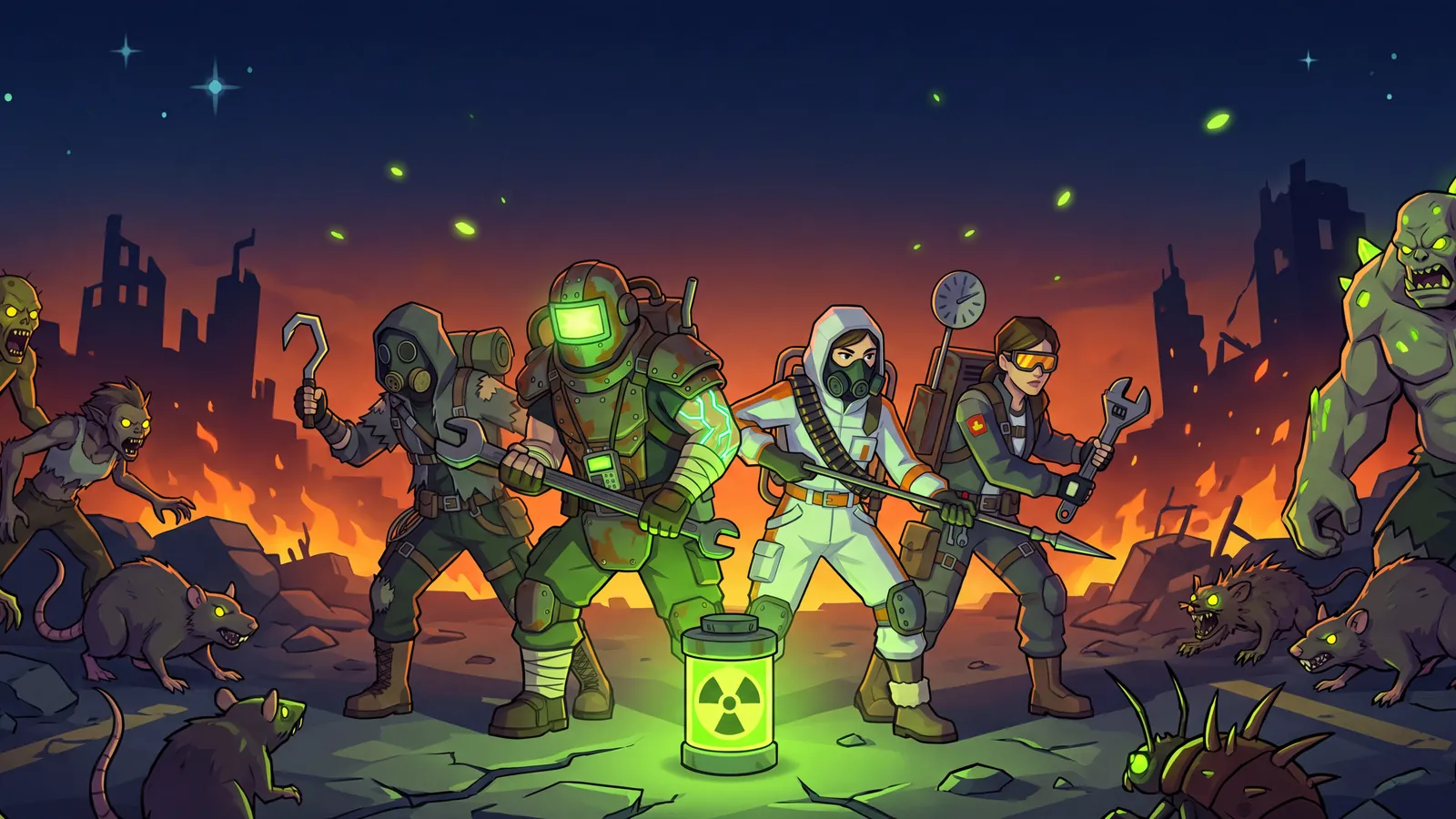 Illustration: the crew in a night standoff with a mutant pack.