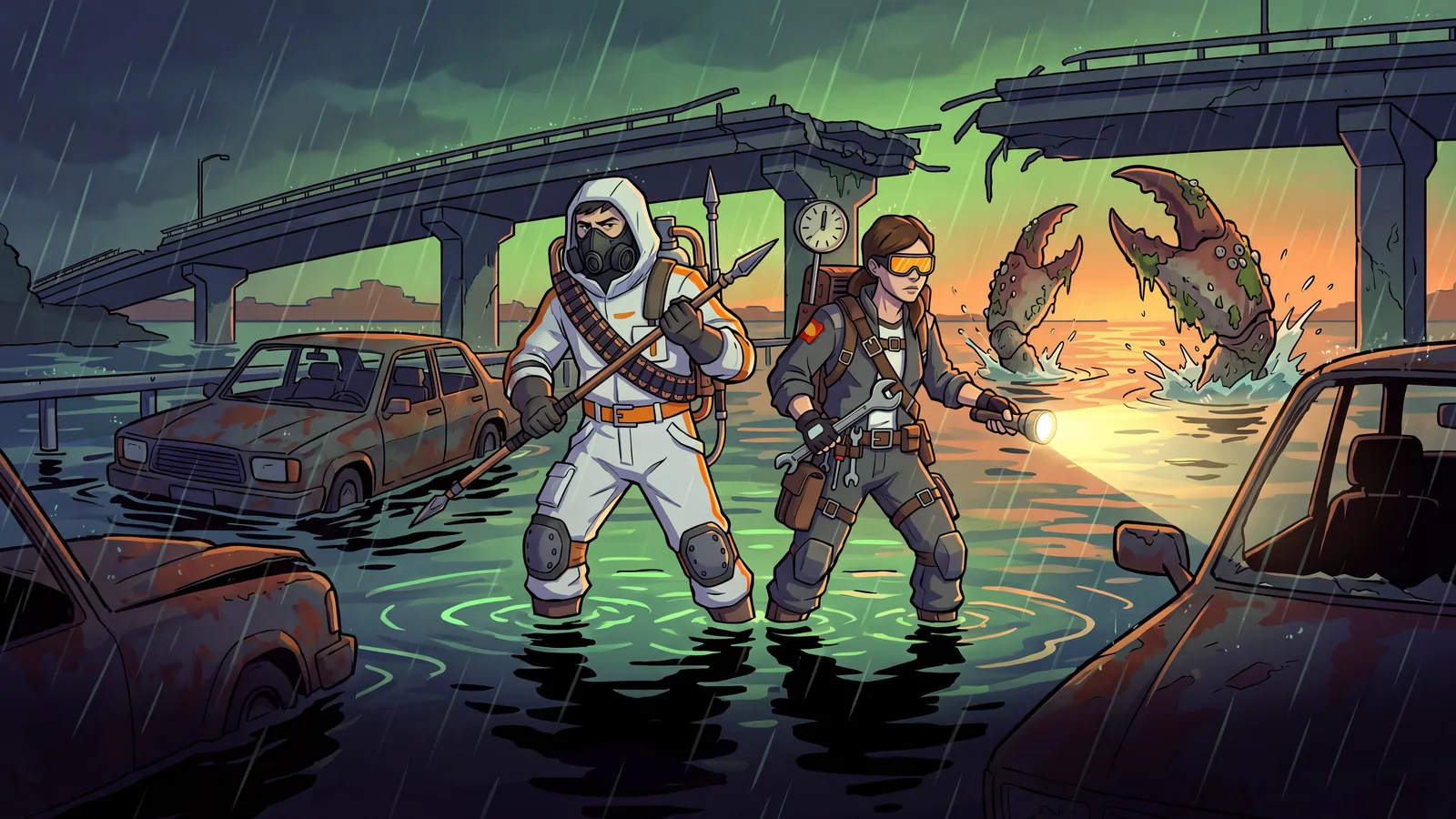 Illustration: two survivors on the flooded highway in the rain.
