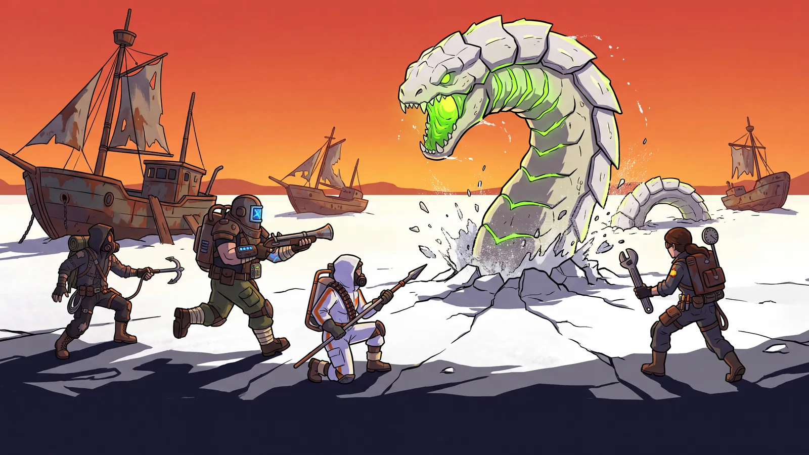Illustration: a white sea serpent bursts out of the salt flats beside a stranded ship.