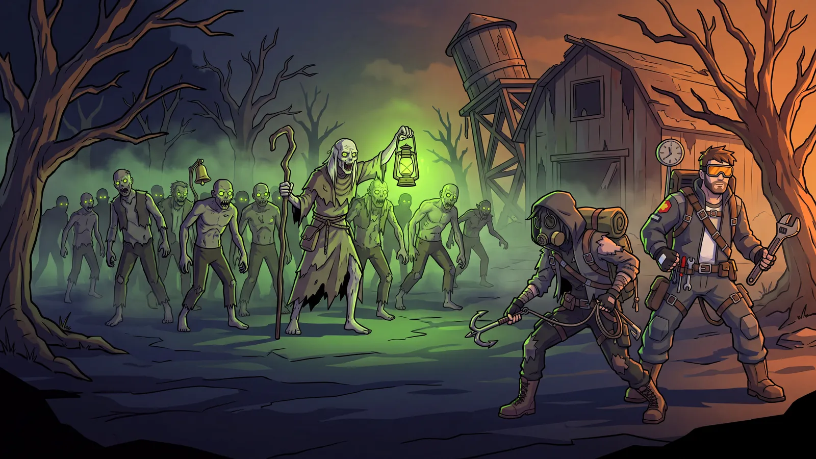 Illustration: the Pale Shepherd leads a horde of husks through a dead forest.