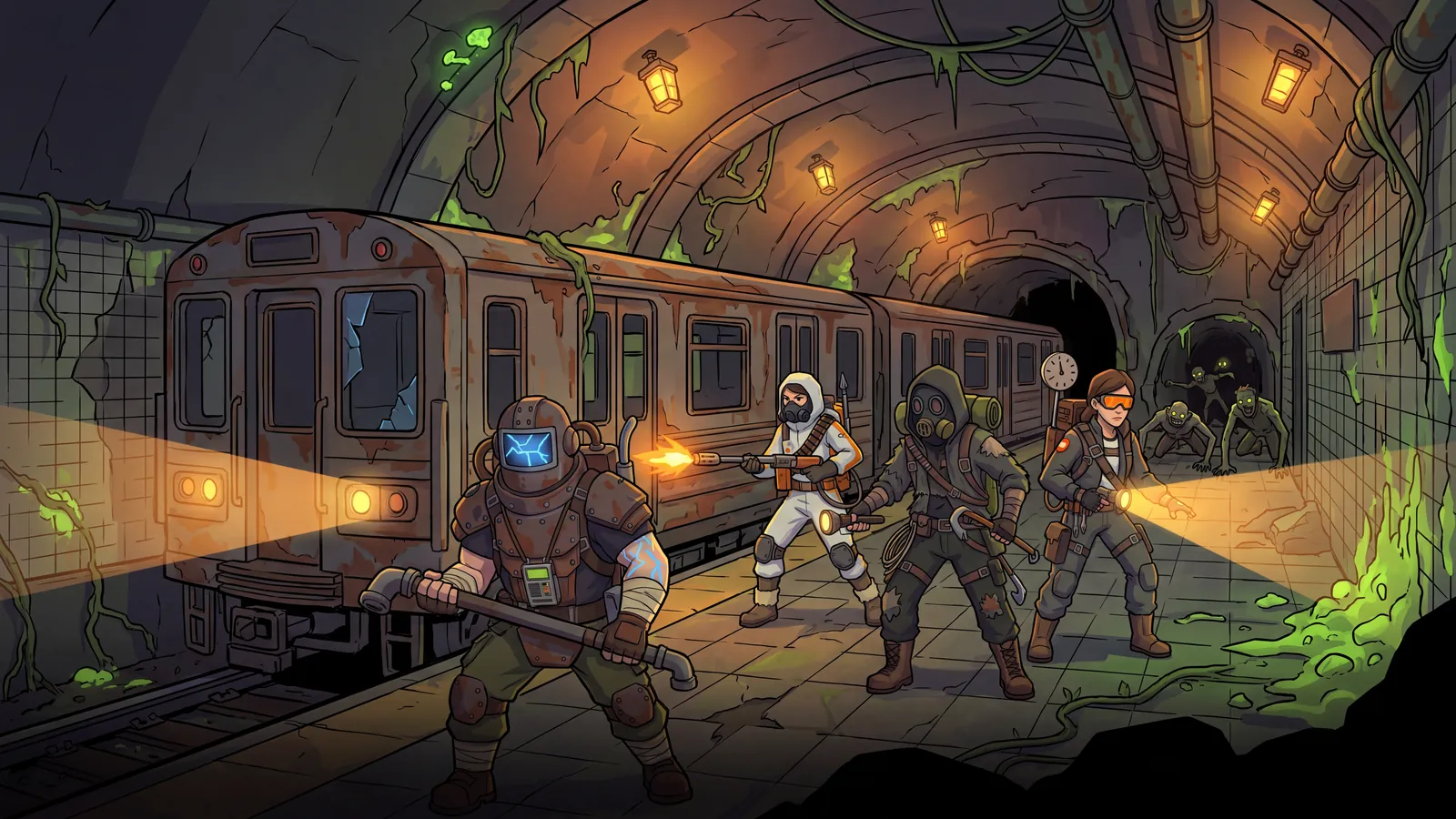 Illustration: a flooded subway tunnel under the city.